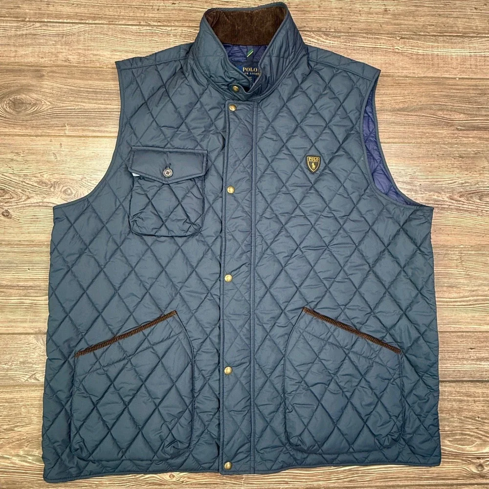 Polo Ralph Lauren Mens Size 4XLT Quilted Vest Navy Blue Corduroy Trim